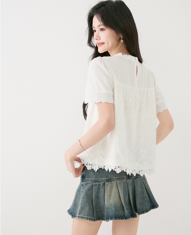 Short sleeve splice France style shirt white lace tops