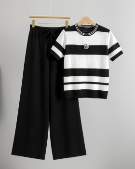 High waist wide leg tops Casual long pants 2pcs set