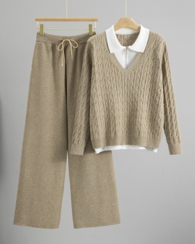 Pseudo-two wide leg pants thick sweater 2pcs set