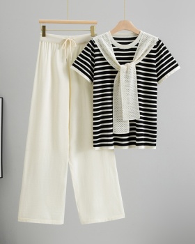 Summer temperament tops knitted wide leg pants 2pcs set for women