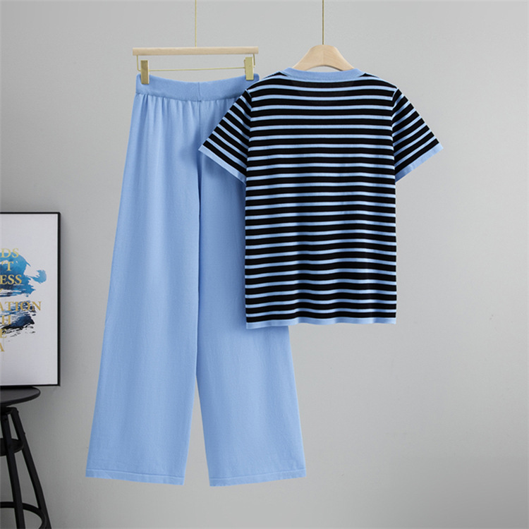 Summer temperament tops knitted wide leg pants 2pcs set for women