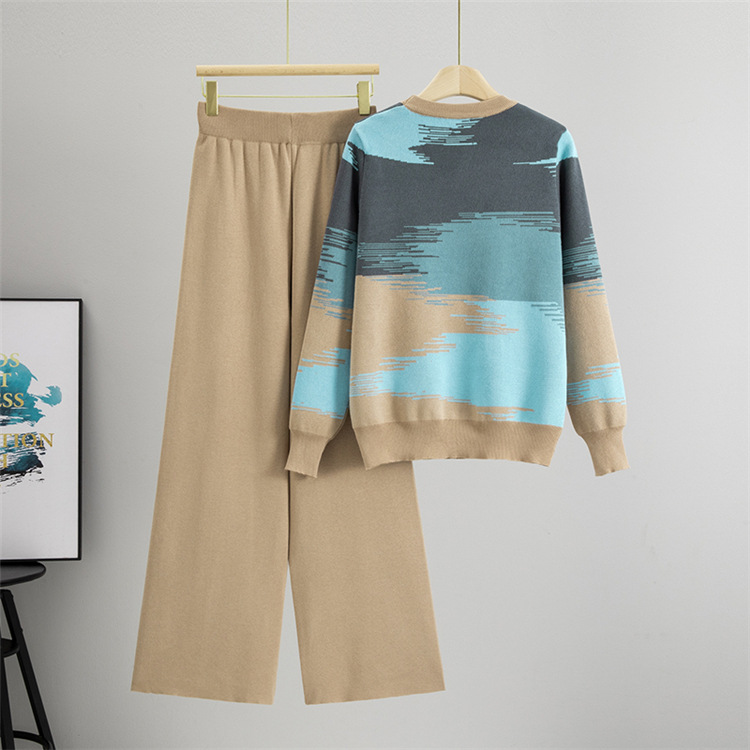 Casual pants mixed colors sweater 2pcs set