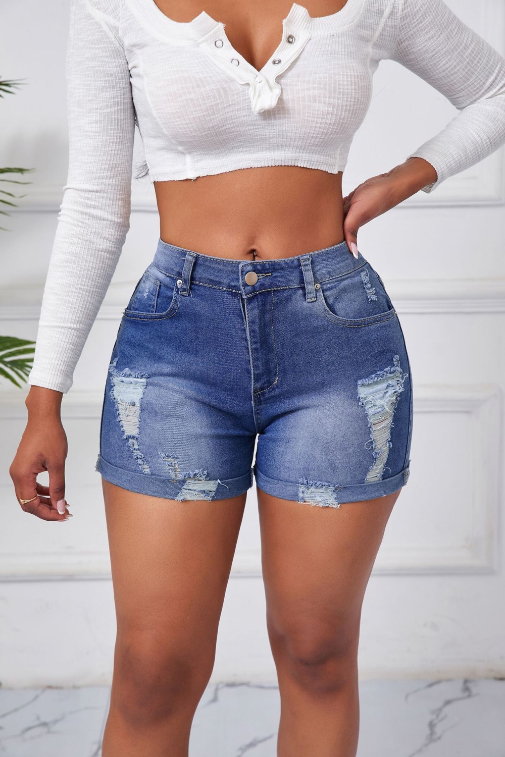 European style short jeans holes jeans for women