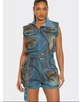 Niche washed many pocket shorts retro sleeveless jumpsuit