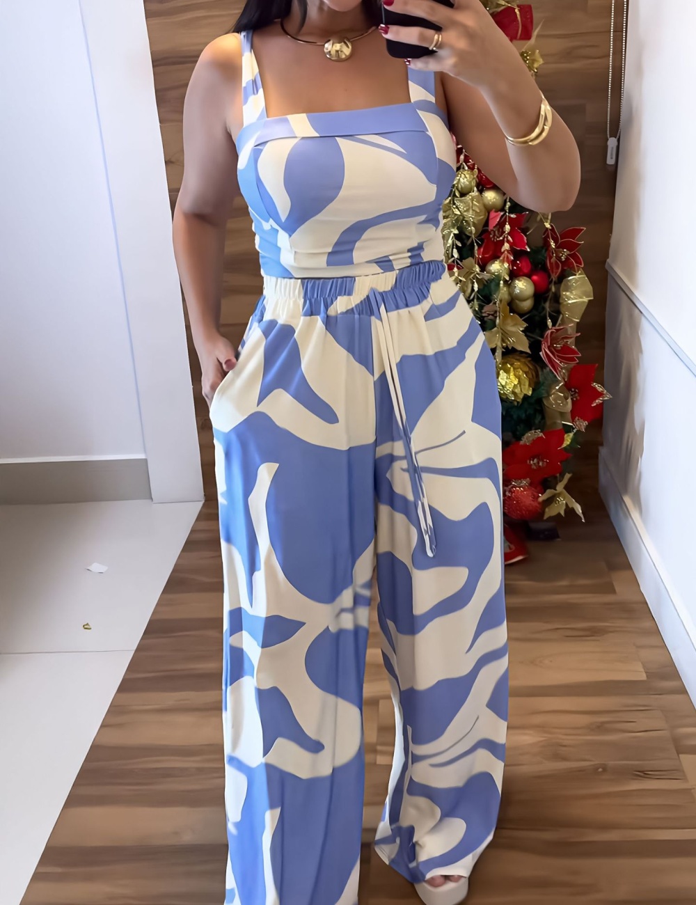 Casual sling tops printing pants 2pcs set for women