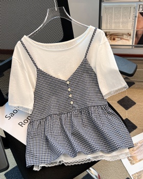 Short sleeve plaid doll shirt white tops 2pcs set for women