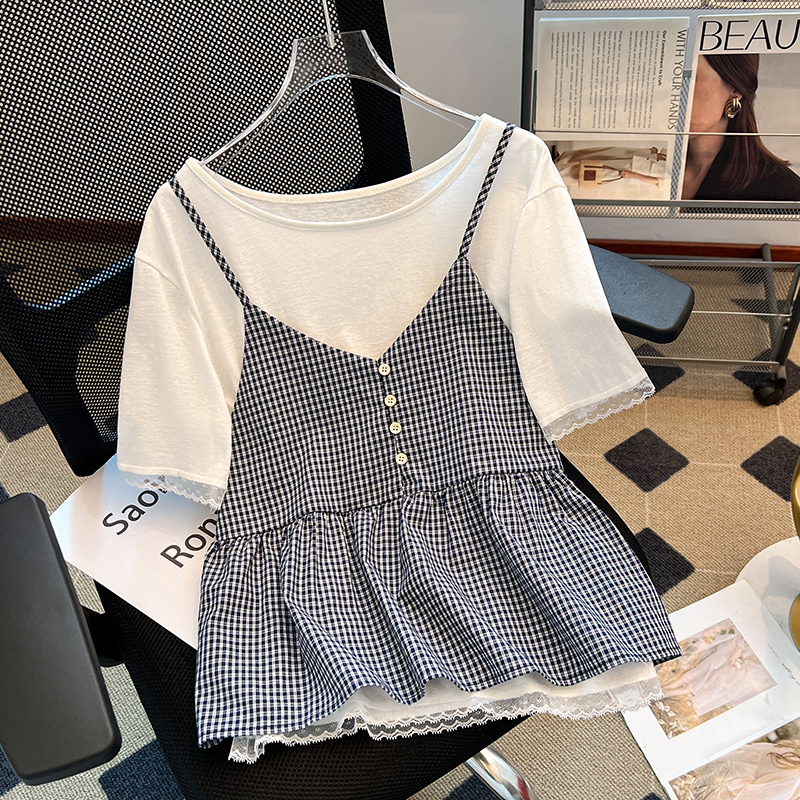 Short sleeve plaid doll shirt white tops 2pcs set for women
