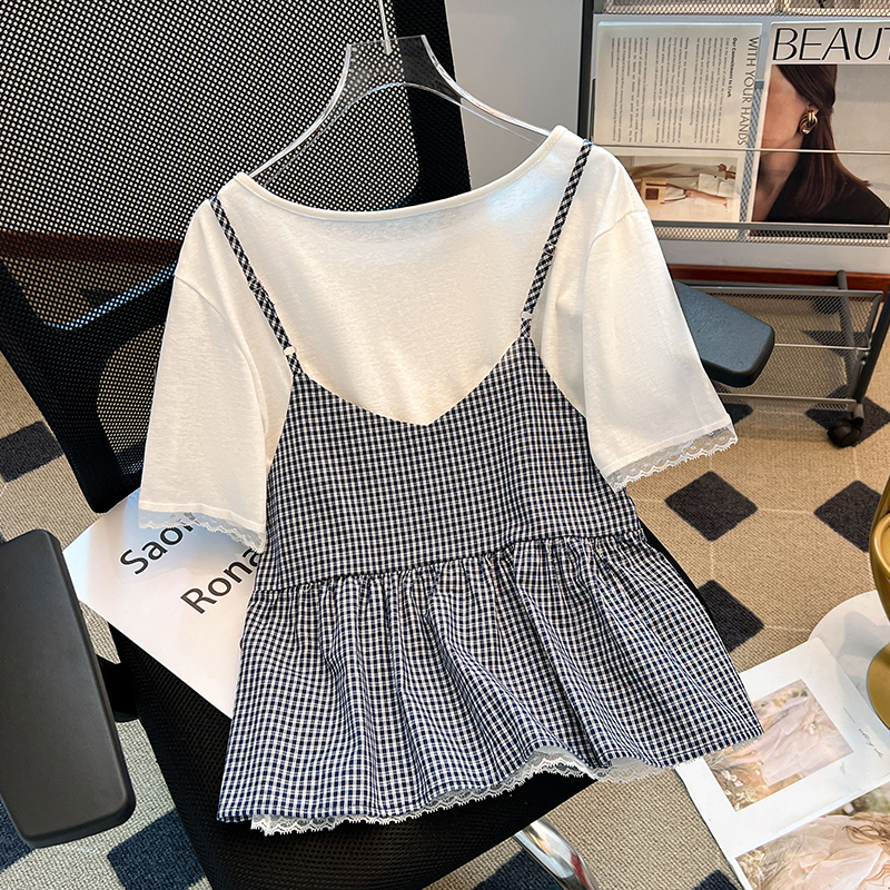 Short sleeve plaid doll shirt white tops 2pcs set for women