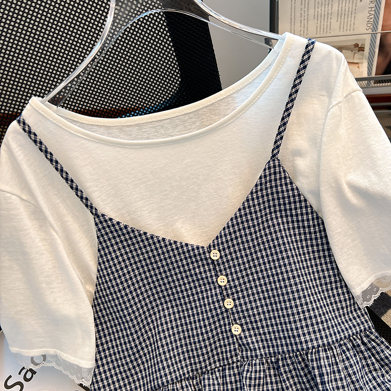 Short sleeve plaid doll shirt white tops 2pcs set for women