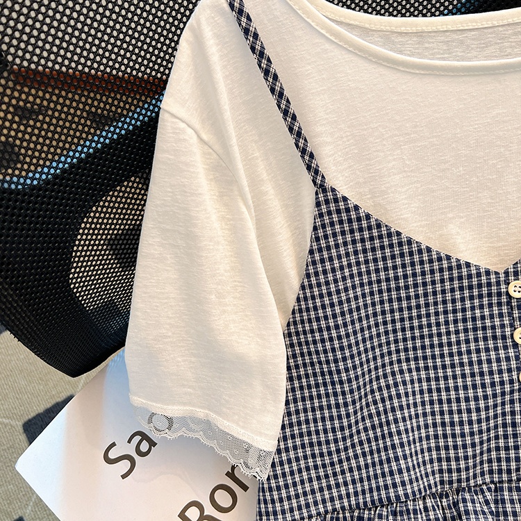 Short sleeve plaid doll shirt white tops 2pcs set for women