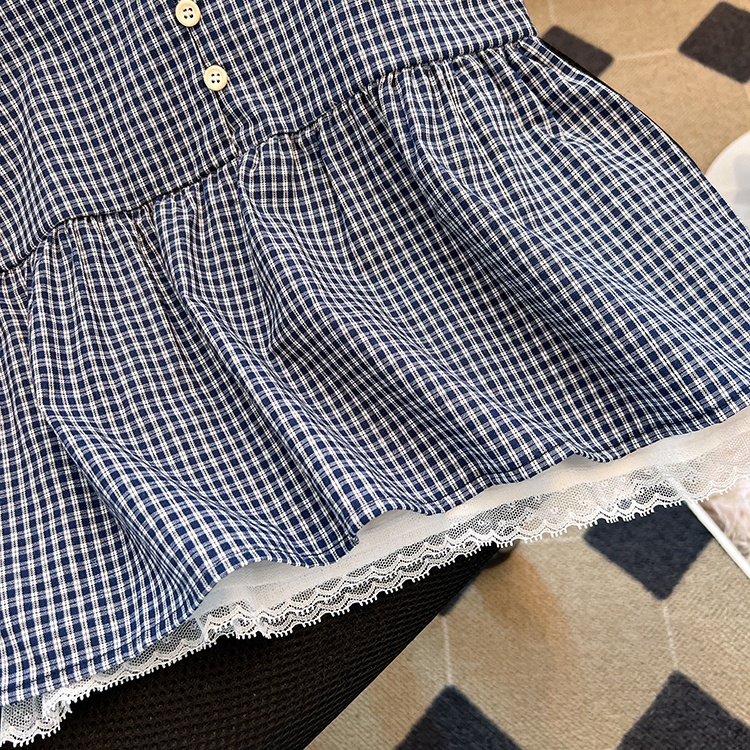 Short sleeve plaid doll shirt white tops 2pcs set for women
