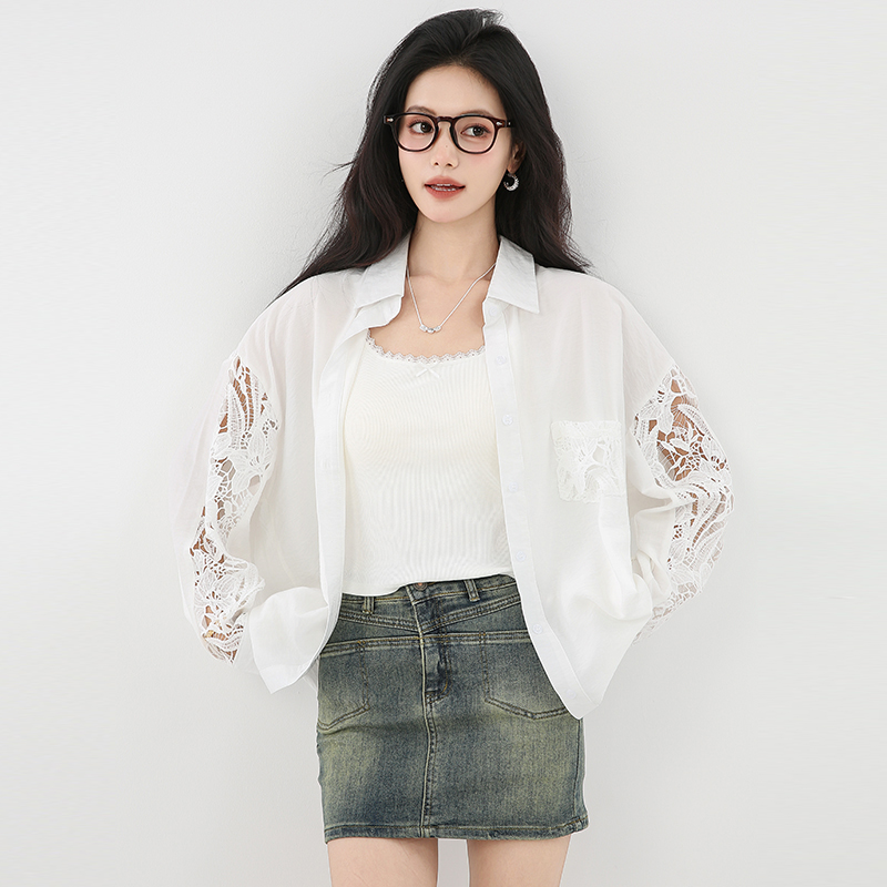 White sunscreen tops splice shirt for women