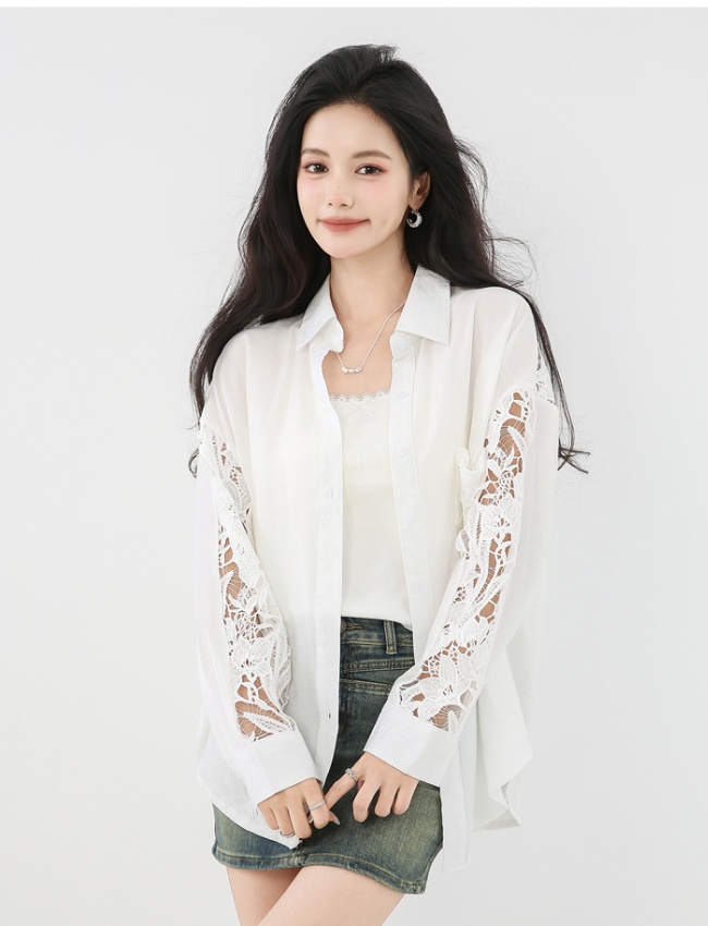 White sunscreen tops splice shirt for women