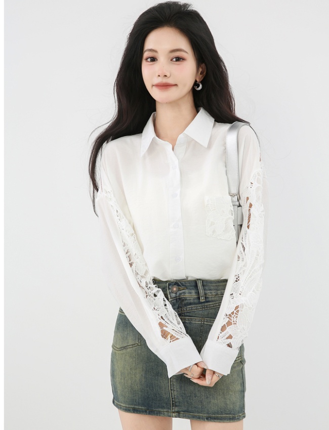 White sunscreen tops splice shirt for women