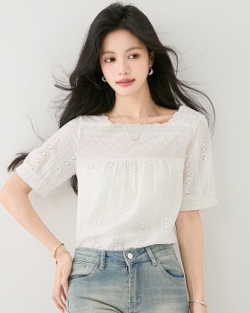 Summer short sleeve shirt square collar lace tops