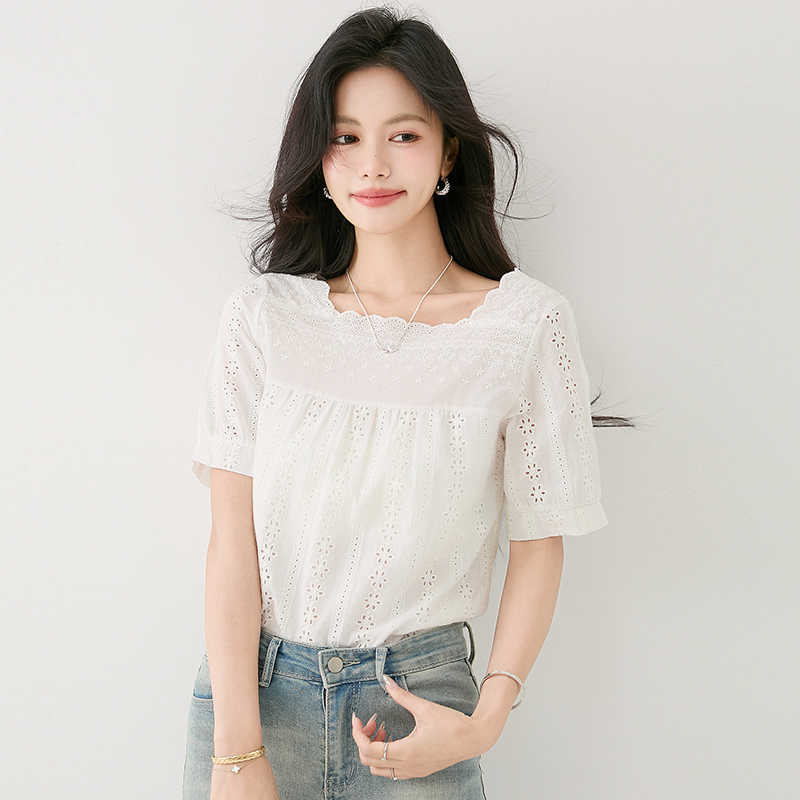 Summer short sleeve shirt square collar lace tops