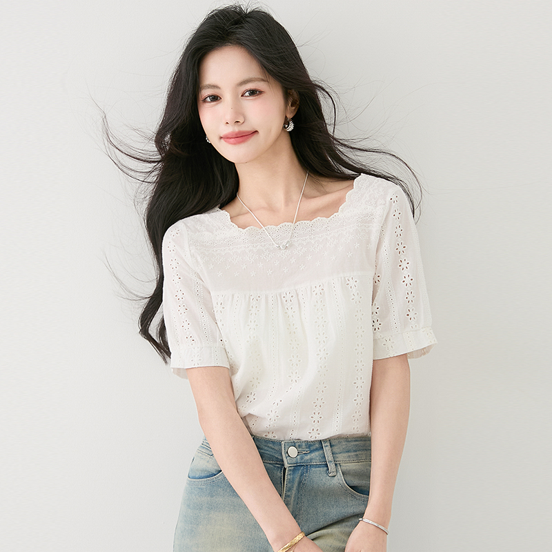 Summer short sleeve shirt square collar lace tops