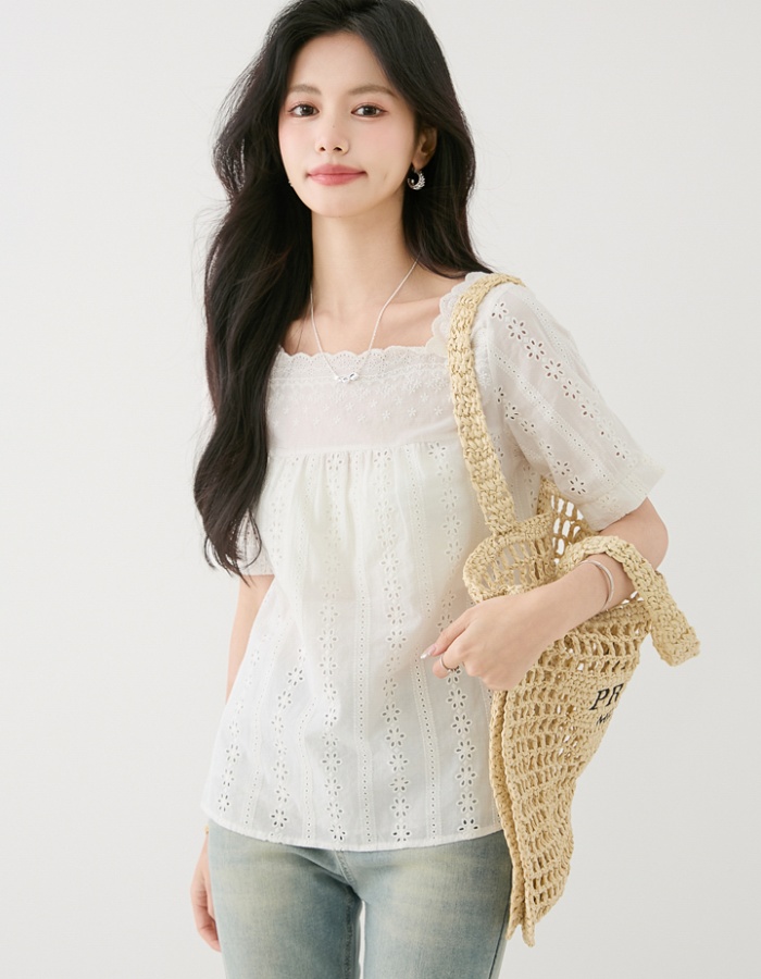 Summer short sleeve shirt square collar lace tops