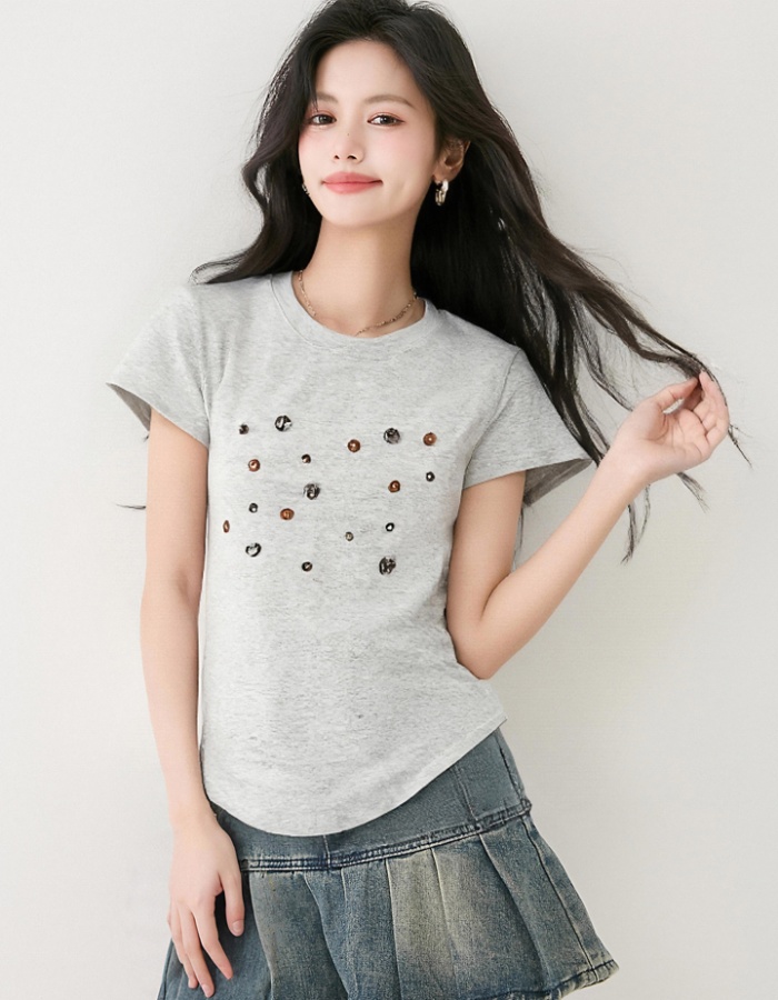 Shell loose niche tops summer short sleeve buckle T-shirt