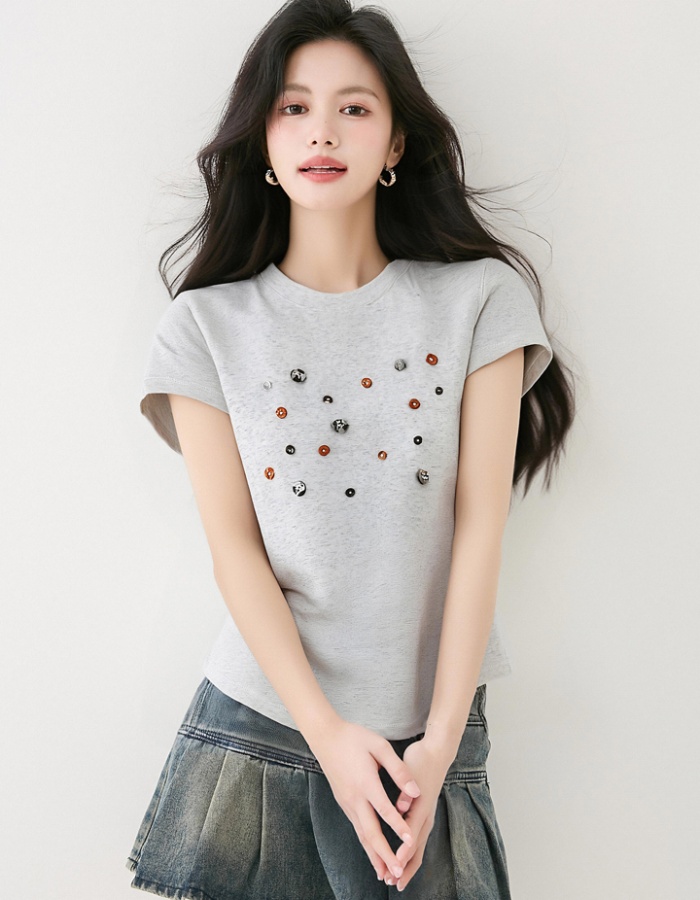 Shell loose niche tops summer short sleeve buckle T-shirt