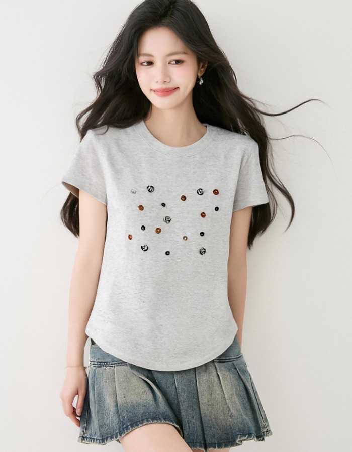 Shell loose niche tops summer short sleeve buckle T-shirt