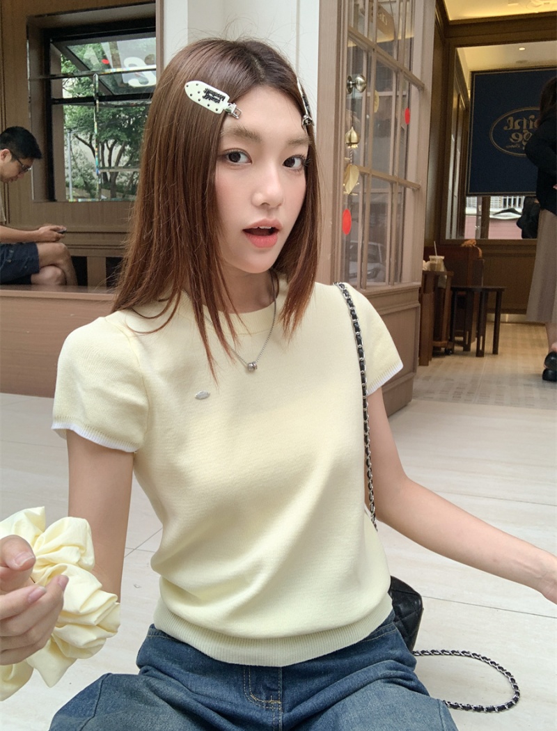 Knitted loose tops simple round neck T-shirt