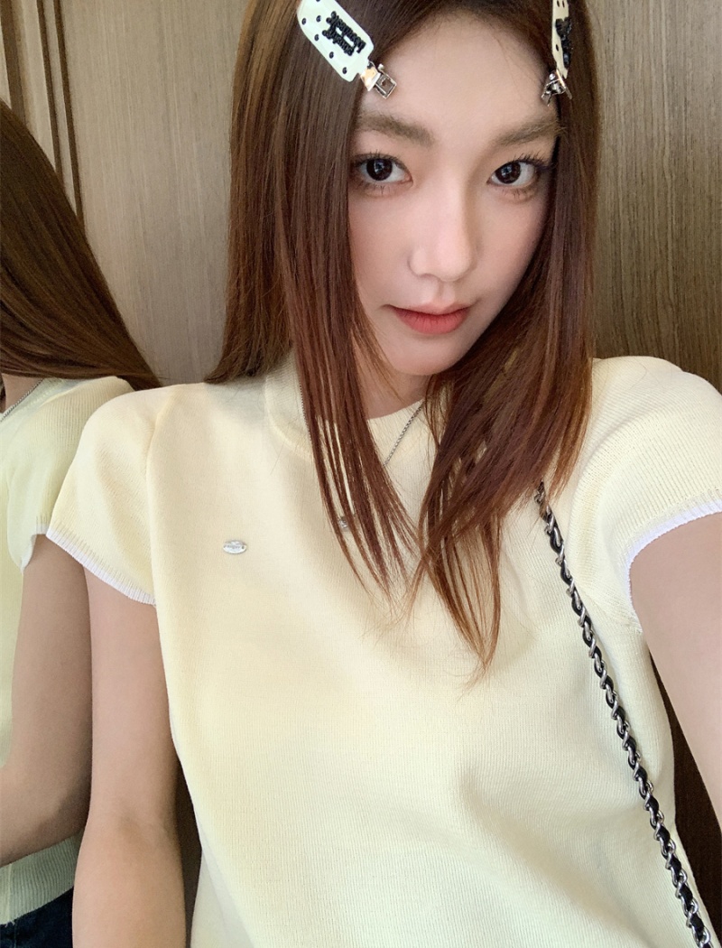 Knitted loose tops simple round neck T-shirt