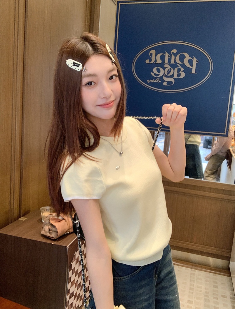 Knitted loose tops simple round neck T-shirt