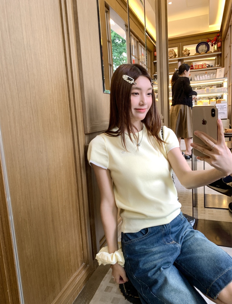 Knitted loose tops simple round neck T-shirt