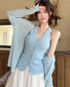 Knitted blue cardigan ice silk V-neck vest a set