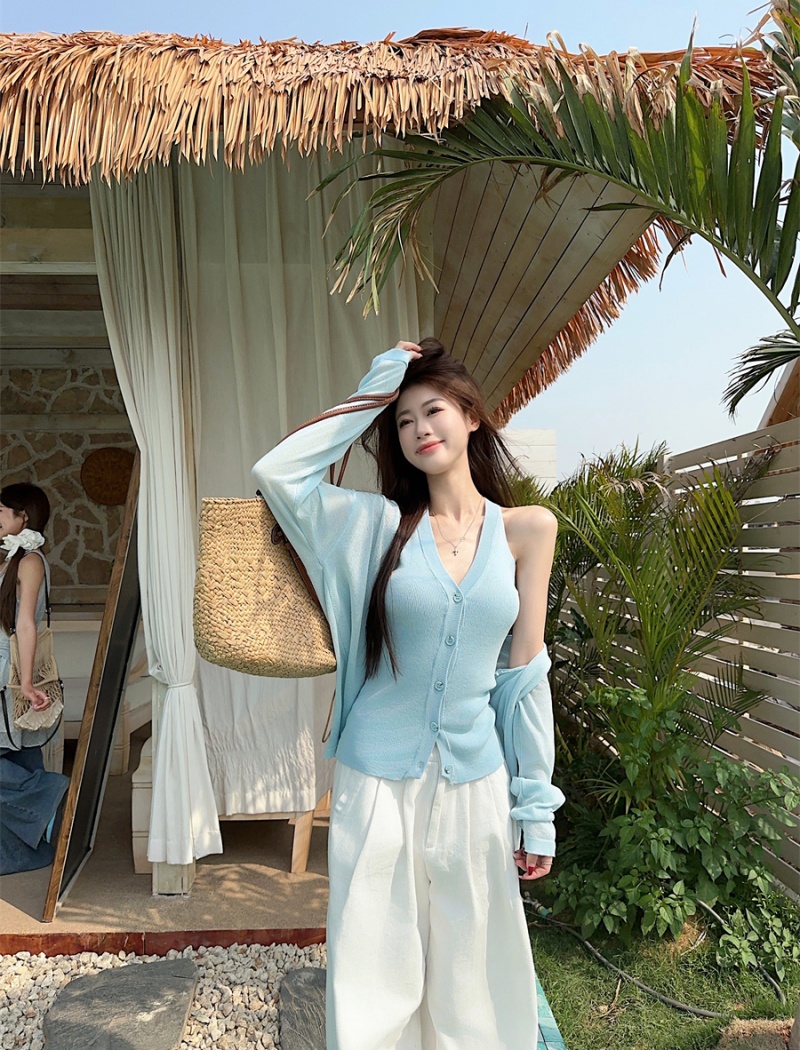 Knitted blue cardigan ice silk V-neck vest a set