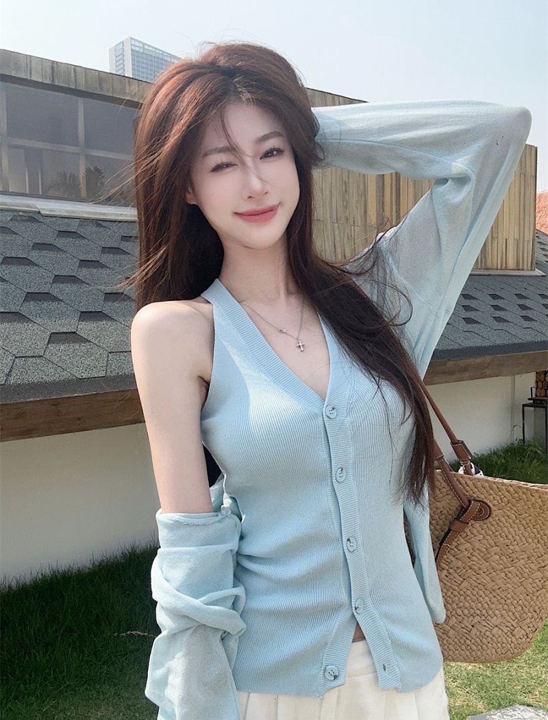 Knitted blue cardigan ice silk V-neck vest a set