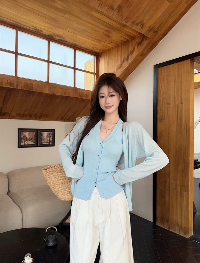 Knitted blue cardigan ice silk V-neck vest a set
