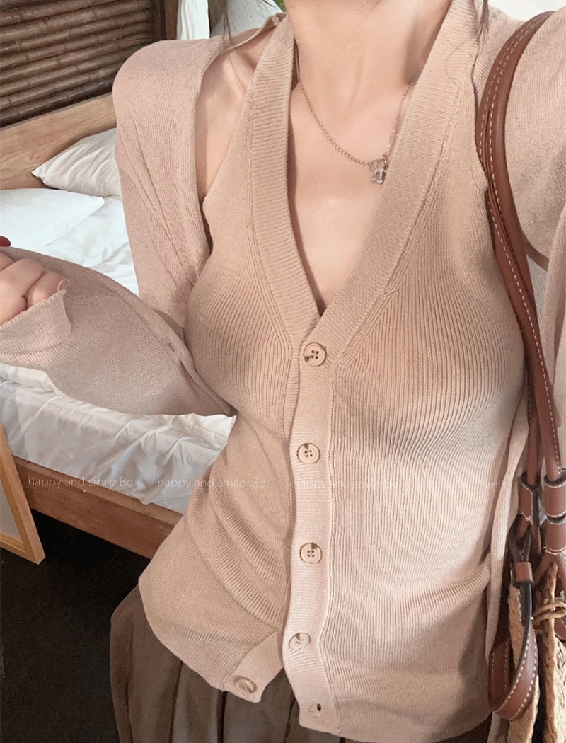 Knitted blue cardigan ice silk V-neck vest a set