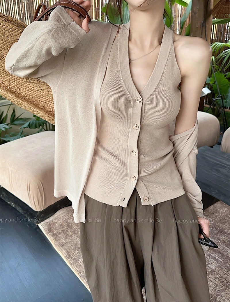 Knitted blue cardigan ice silk V-neck vest a set