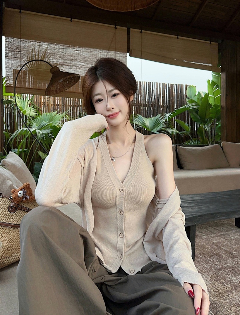 Knitted blue cardigan ice silk V-neck vest a set