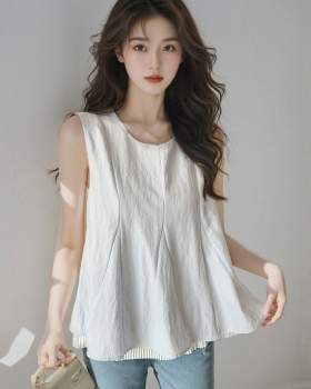 Splice sleeveless shirt loose round neck tops for women