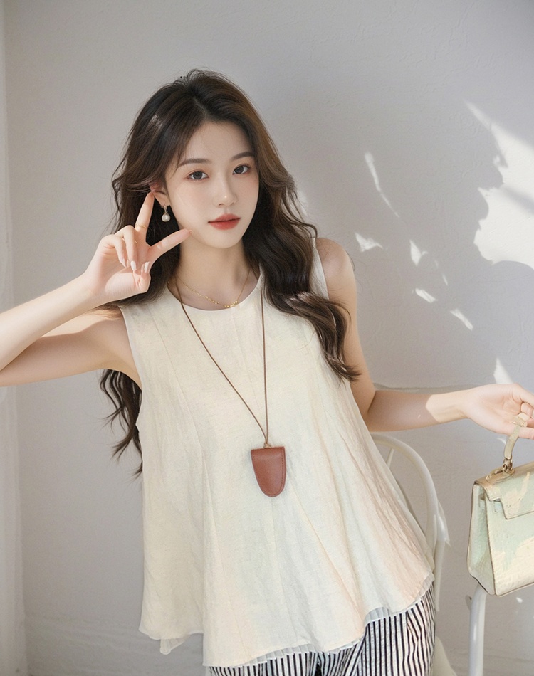 Splice sleeveless shirt loose round neck tops for women
