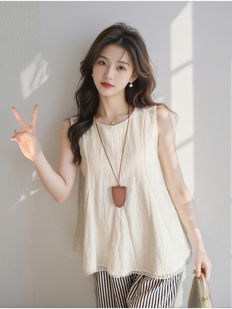 Splice sleeveless shirt loose round neck tops for women