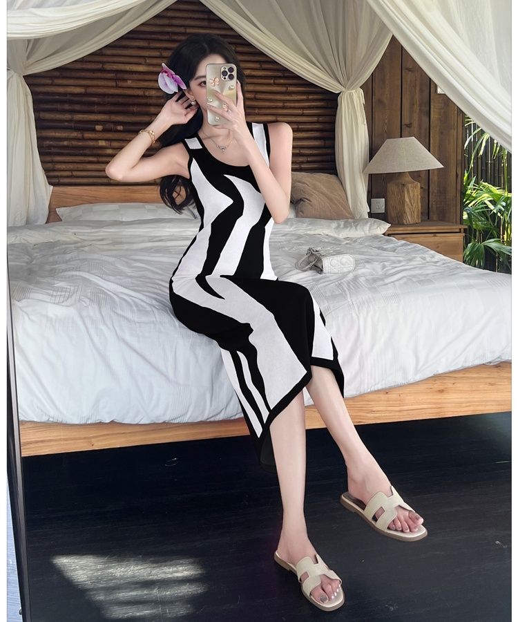 Knitted sling long dress chanelstyle split dress for women