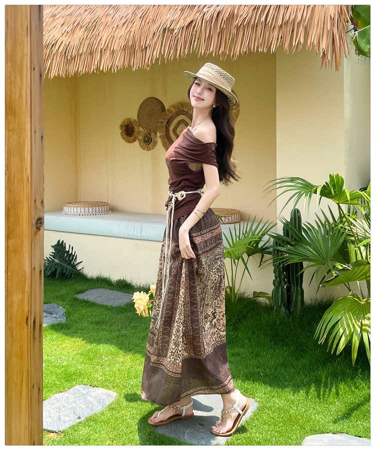 Summer printing T-shirt sloping shoulder skirt 2pcs set