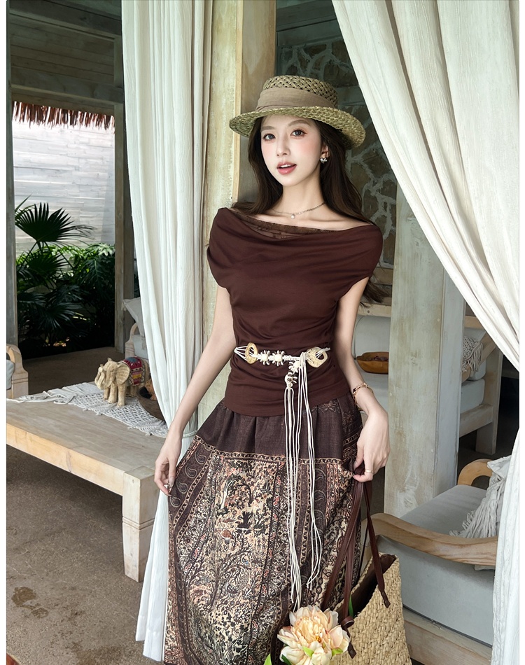 Summer printing T-shirt sloping shoulder skirt 2pcs set