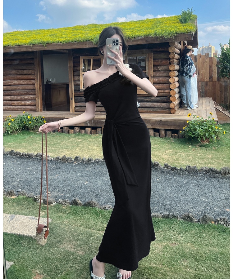 Bandage all-match sloping shoulder slim summer dress