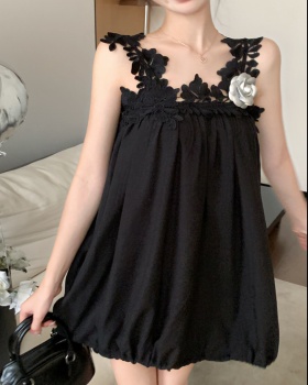 Sleeveless lace black sling adjustable dress