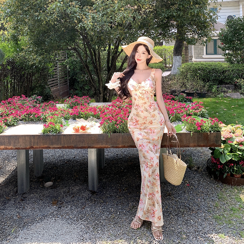 Sexy slim sandy beach vacation split sling dress