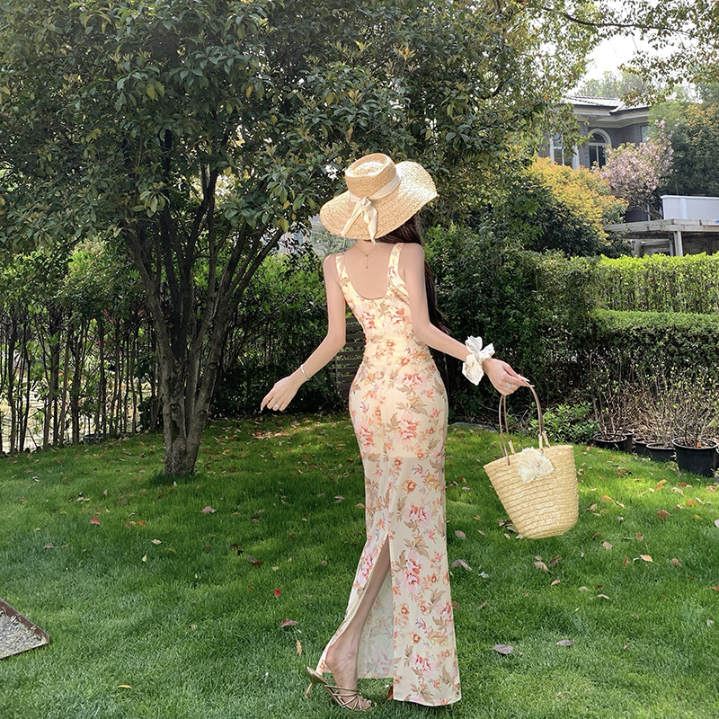 Sexy slim sandy beach vacation split sling dress