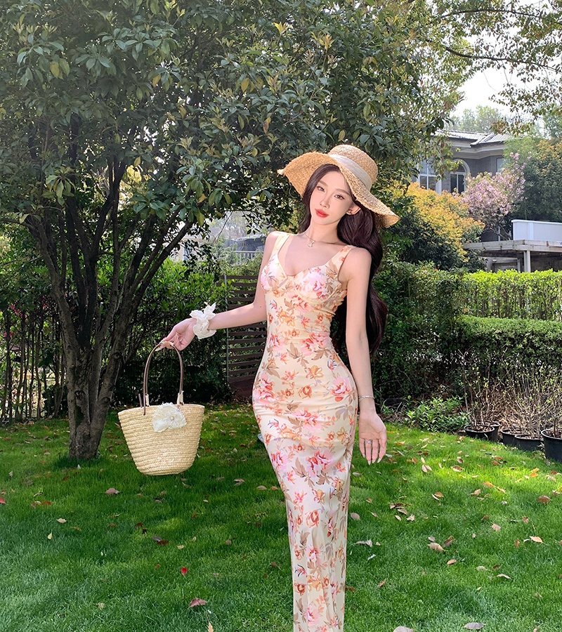 Sexy slim sandy beach vacation split sling dress