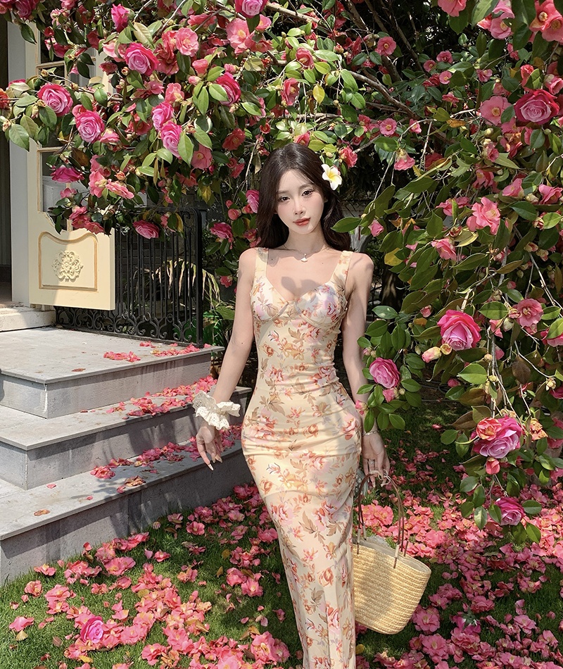 Sexy slim sandy beach vacation split sling dress