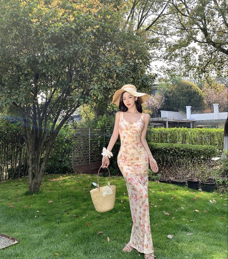 Sexy slim sandy beach vacation split sling dress