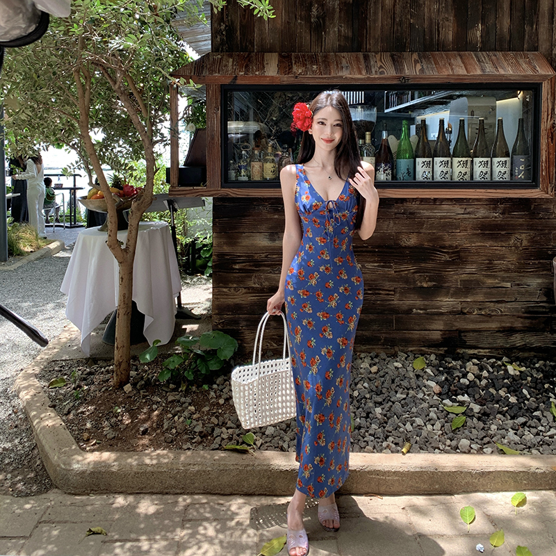 V-neck sling floral long dress blue slim retro dress